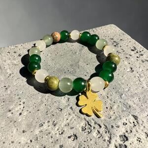 Green and White Beaded Bracelet with Gold Clover Charm